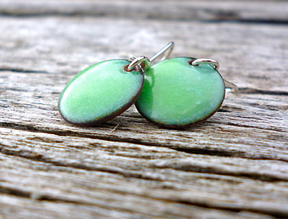 Minty transparent green enamel disc earrrings on forged sterling silver earwires by Brighton Mine