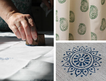 Clockwise from left: Nicola printing with a block hand carved by Peter; green paisley print on unbleached calico; indigo circle flowers linen tablecloth