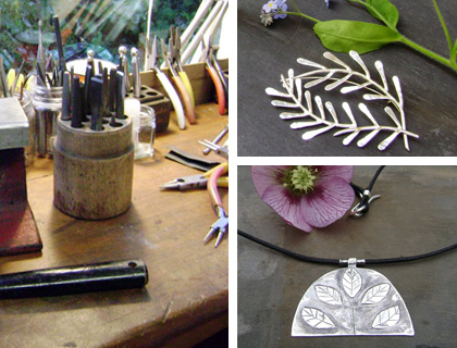 Clockwise from left: Melanie's studio; silver ferns wreath brooch; leaf pendant