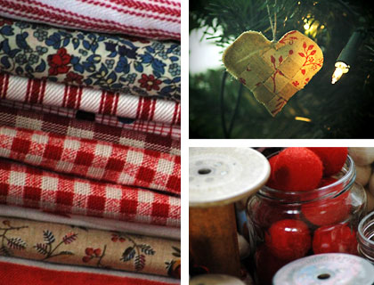 Image montage showing fabrics, haberdashery and one of Mel's decorations.