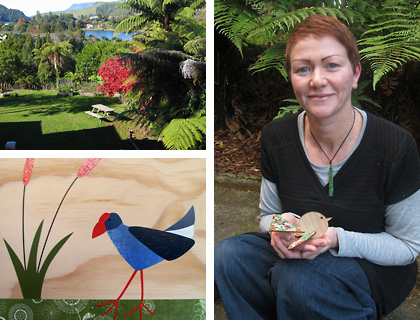 Aly, the view from her studio and her Pukeko collage