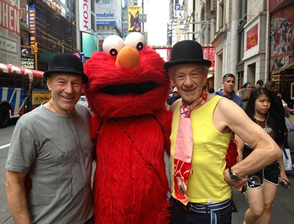 Sirs Patrick Stewart and Ian McKellan pose with Elmo in New York