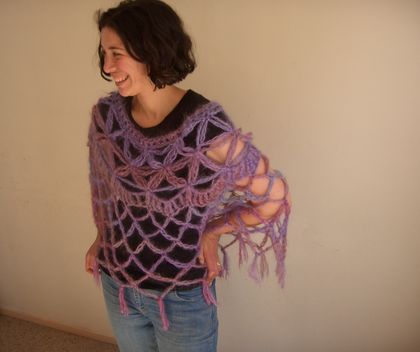 PinknPurple Mohair and Acrylic Blend Petal Stitch Yoke Crochet Mesh Poncho