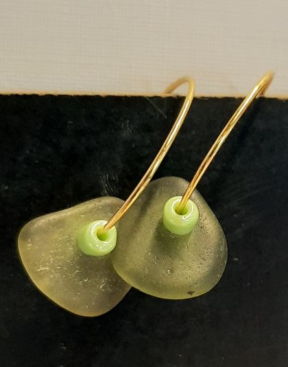 Green beachglass and bead hoop earrings 