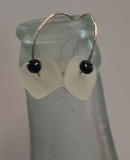White beachglass and black bead hoop earrings 