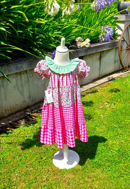 Pretty and bright peasant style four tier dress in bights pinks and soft greens. Size/Age 2. (Also available on order in Size/Age 4, 6 & 8}