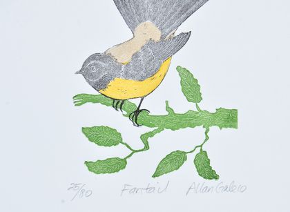 wood block print of a fantail by Allan Gale