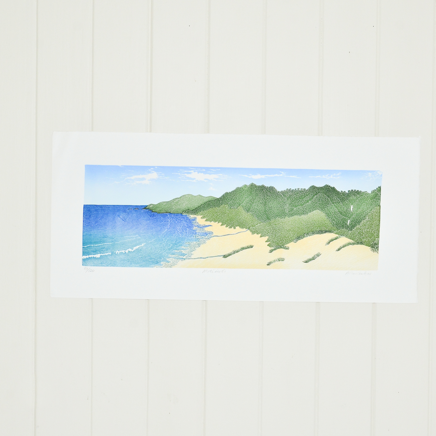 wood block print of miti miti beach by Allan Gale