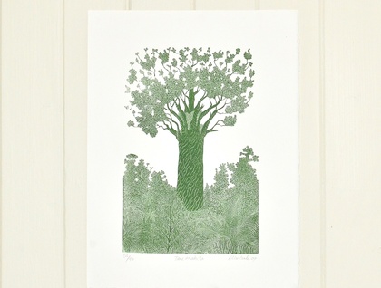 wood block print of Tane Mahuta by Allan Gale