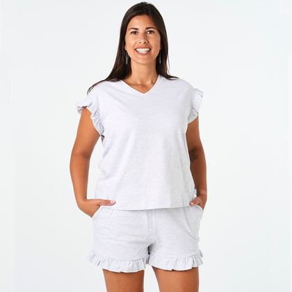 Matapouri Frilled Pyjama Set - White Marl - Womens PJ Set - Cotton Pyjamas