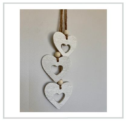 3 Handcrafted Embossed Clay Hanging Hearts