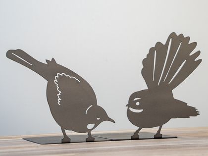 The Tui and the Fantail | Birds of Aotearoa Metal Bookend Set | Bookshelf Display 