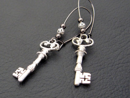 Victorian Silver Key earrings: silver-plated key charms on long, gunmetal-black earwires