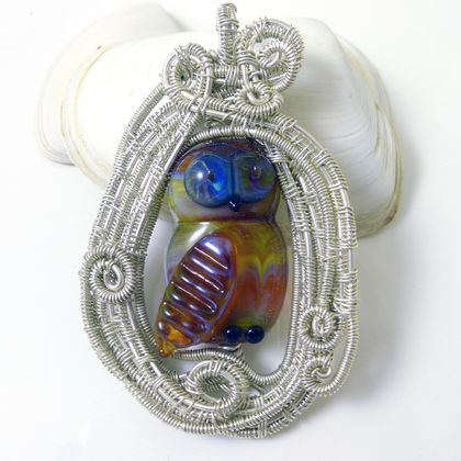 Lampwork Owl and Sterling Silver Pendant