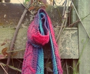 Shibori womens scarf - knitted from pure NZ wool, blue purple and pink, boho tribal arrows