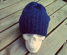 Baker Boy unisex beanie - hand knitted dark blue tweed reversible hat, pure NZ merino