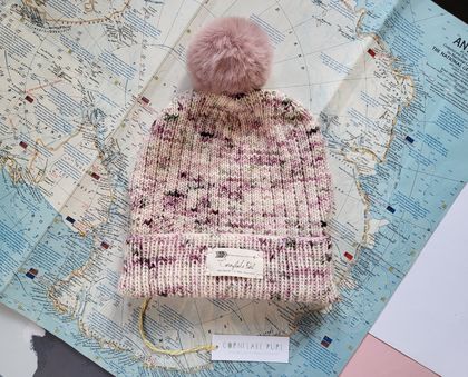 Hudson luxury beanie - boysenberry ripple NZ merino wool hat with faux fur pompom 