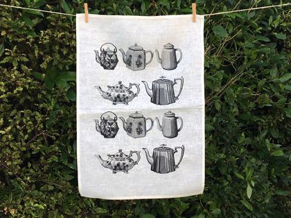 Cream linen Black vintage teapots kitchen tea towel