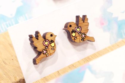 Floral Bird Stud Earrings - Hand Painted Wood
