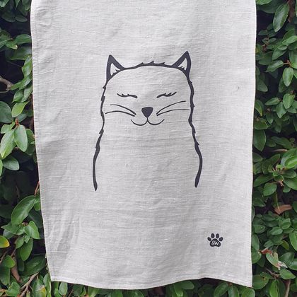 Handprinted 100% Linen Tea Towel - Miss Kitty