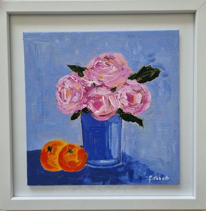 SOLD...PINK ROSES IN BLUE VASE..Original Acrylic painting 