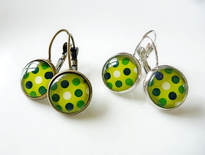 Earrings - Dotty Green - Glass dome with antiqued Brass or Silver settings