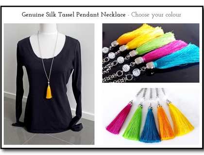Genuine Silk Tassel Pendant Necklace with Becher Chain - Choose your colour ON SALE