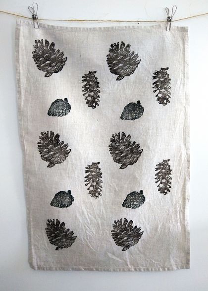 Block printed tea towel - Pine cones
