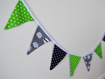 Navy, Green  and Raccoon and Fox Print Fabric Bunting ** Personalise with extra .50c per letter**