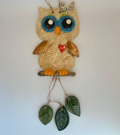 ON SALE - Ceramic Owl with leaves