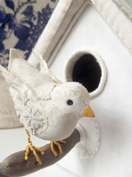 White on White Textile Birdhouse with 2 birds by Lily Pins