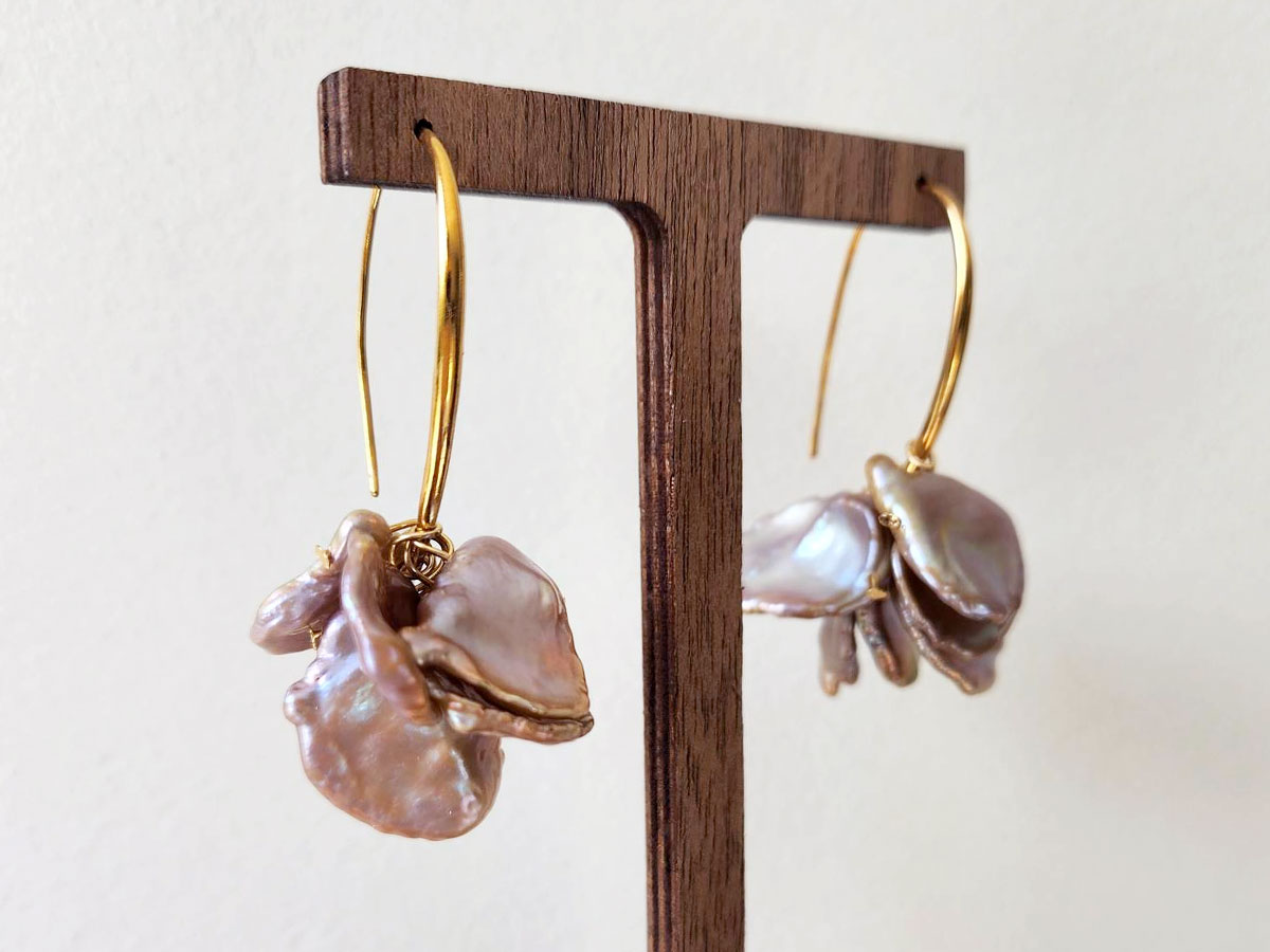 Fallen Leaves Earrings with freshwater baroque pearls by Lisa Yuyi of Mermade Pearl Studio 