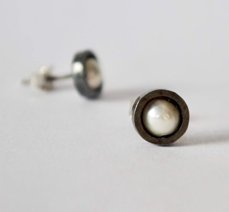 Pearl and Oxidised Sterling Silver Stud Earrings by Sylvie Watson