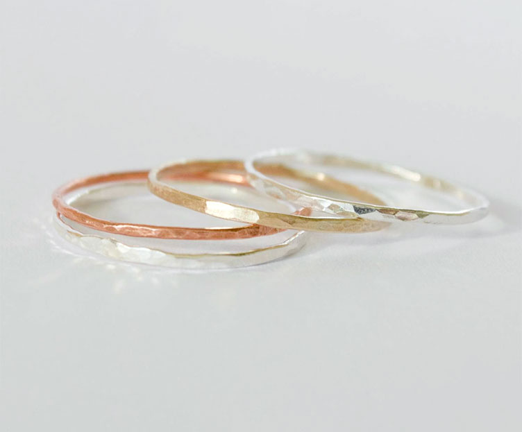 Five Textured Stacker Rings - 2 Sterling silver, 2 9ct yellow gold, copper  – by Sylvie Watson