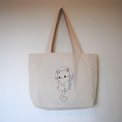 space cat hand-embroidered tote bag