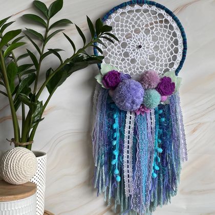 Handcrafted Doily Dream Catcher Purple/Turquoise 