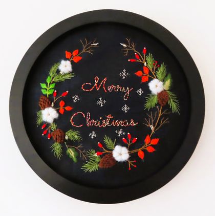 Hand Embroidered 'Christmas Wreath with Fairy lights' 
