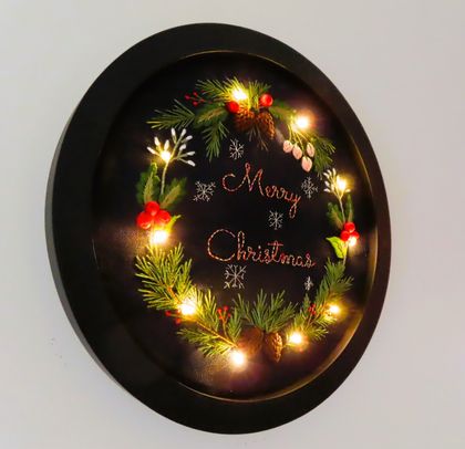 Hand Embroidered 'Christmas Wreath with Fairy lights' 