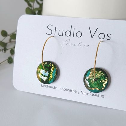 Green, Yellow and Turquoise with Gold Metalic Detail Round Hoop Earrings