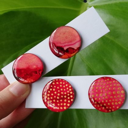 Stunning Red Statement Stud Earrings with Gold Metallic Detail