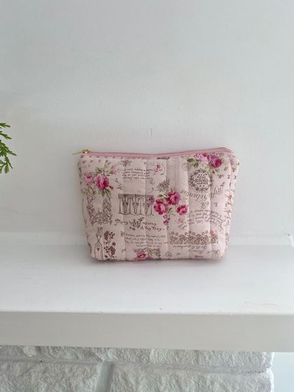 Pink vintage style floral makeup pouch(small)
