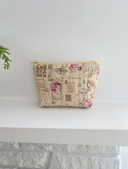 Yellow vintage style floral makeup pouch(small)