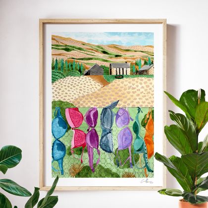 Cardrona’s Colourful Quirk: The Bra Fence, A4 Whimsical Giclée Print of my Original Watercolour Painting