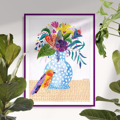 A wee bird, Floral Still Life, A4 Giclee Print of my Original Watercolour Painting