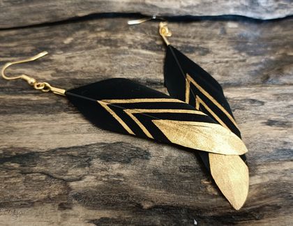 Tribal Black with Gold Handcrafted Feather Earrings