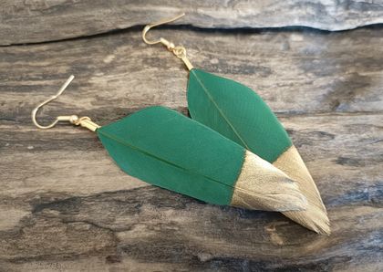 Green with Gold Feather Earrings
