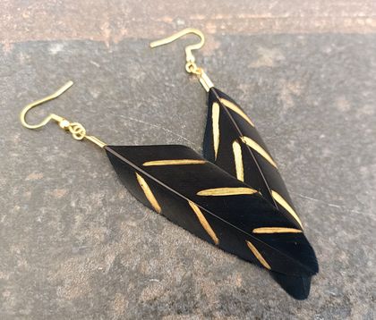 Black And Gold Brushstroke Handcrafted Feather Earrings 
