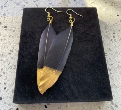 Black with Gold Feather Earrings