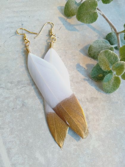 White with Gold Feather Earrings