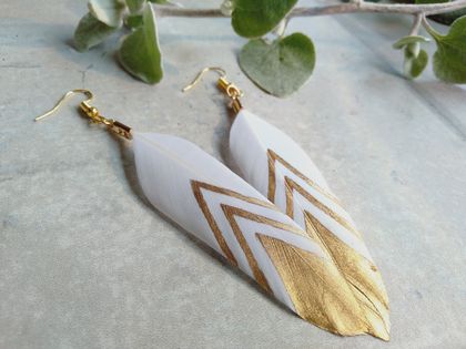 Tribal White with Gold Handcrafted Feather Earrings